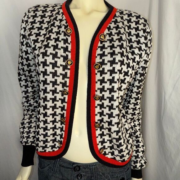 Vintage Leslie Fay Collections Women’s 14 Houndstooth Cardigan Black White Red T - Picture 4 of 15